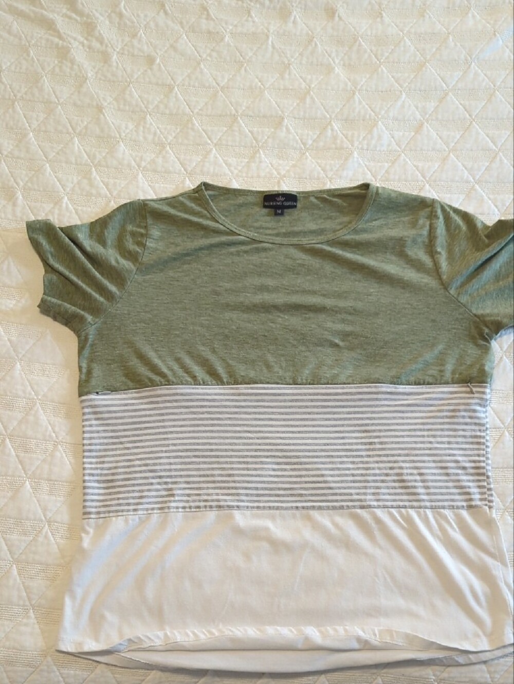 Nursing Queen Green, White and Gray Striped Colorblock Zipper Tee